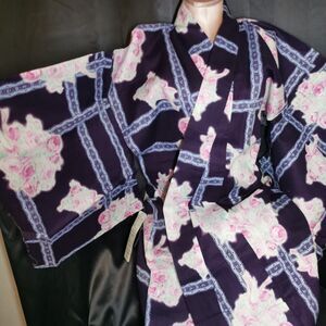 Navy Blue Rose Lace Womens Yukata Kimono Floral Summer Japan Vintage Rare Retro
